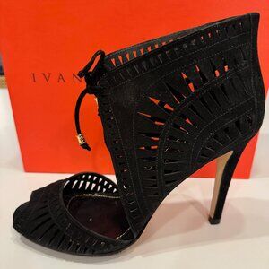 Ivanka Trump Delfino Black Suede Open Toe Heels - Size 8.5 - Excellent Condition